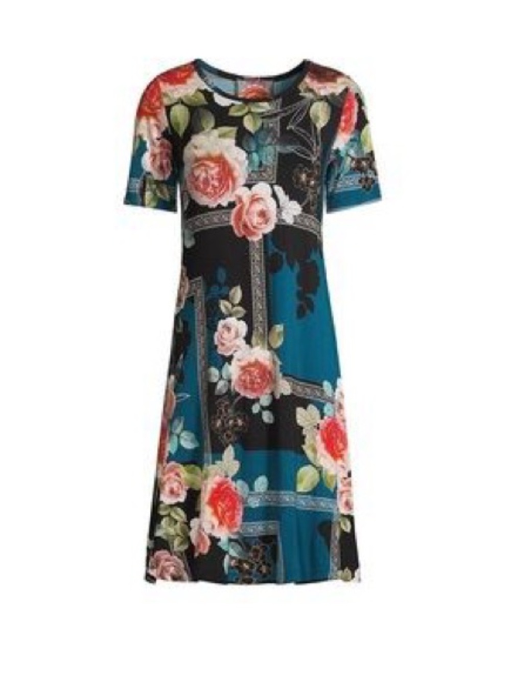 Johnny Was Teal, Black & Pink Floral Top